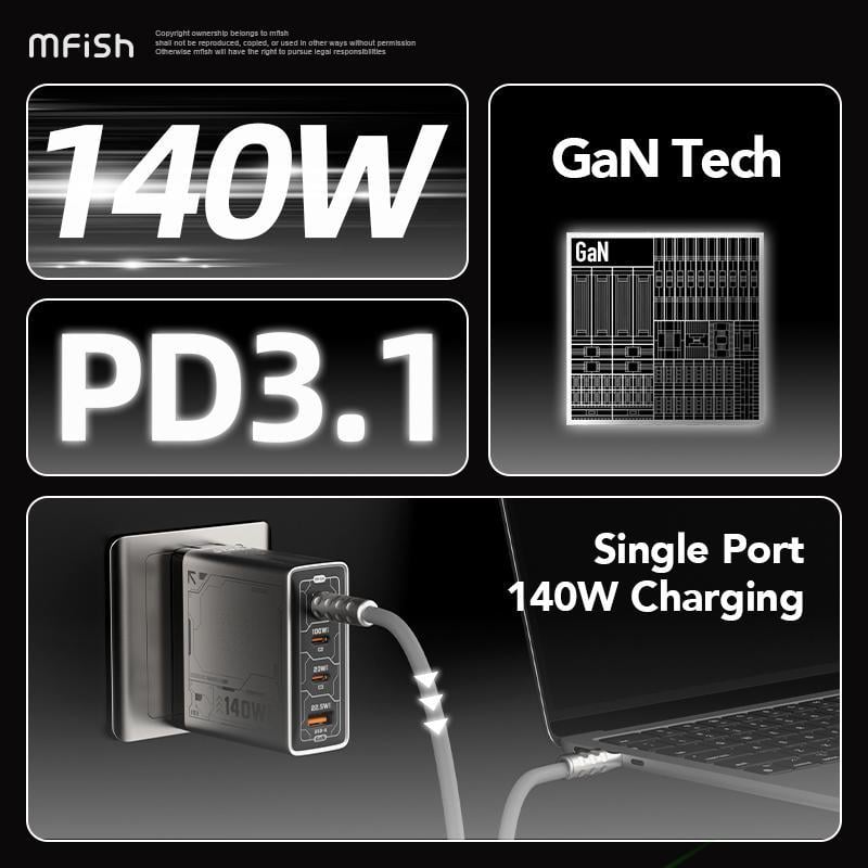 140W GaN wall charger, four-ports flash charger